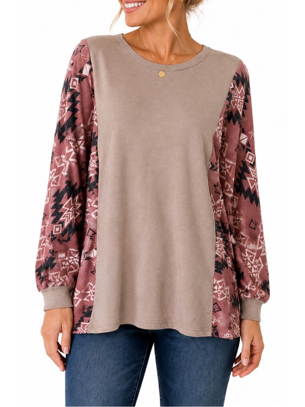 Heimish taupe long sleeve top featuring stylish mauve geometric Aztec Print